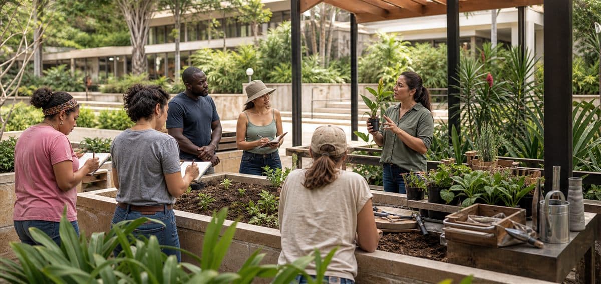 A facilitator leads adults in a horticulture learning session in a warm-climate campus garden.