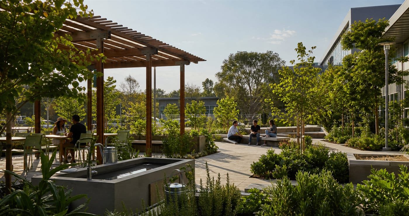 A teaching garden with shaded seating, accessible paths, and raised planting beds.