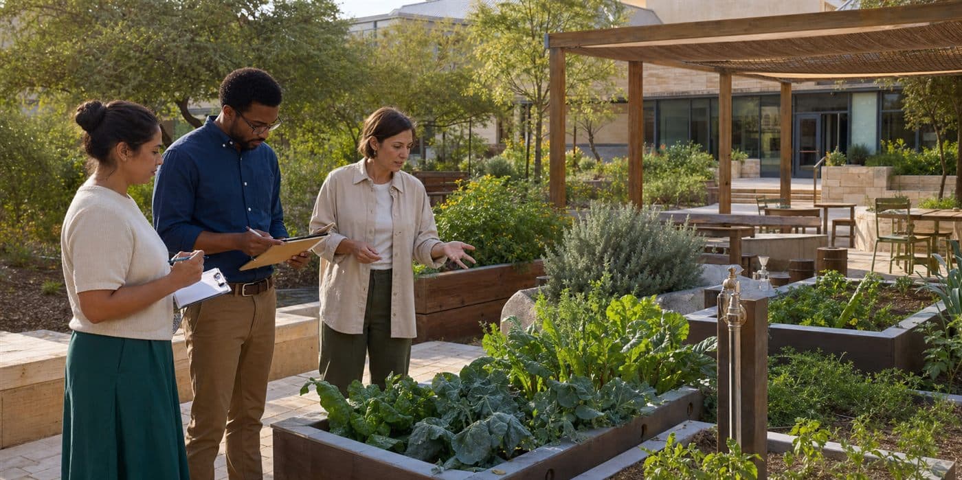 A facilitator and organizational team assess raised beds and an outdoor program area together.