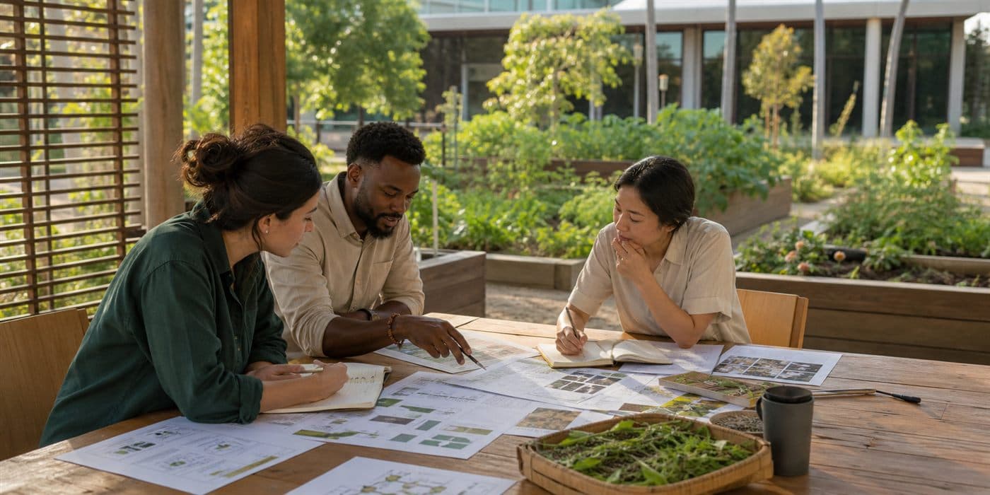 Internal facilitators review a garden program plan together in the outdoor setting.