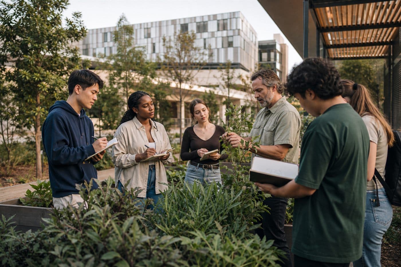 A faculty facilitator leads university students in a plant-learning session in a campus garden.